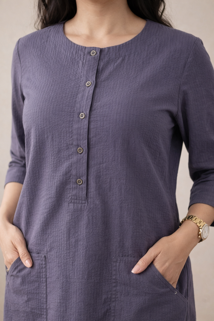 Slate Grey Seersucker Shift Midi Dress (Easy Everyday)