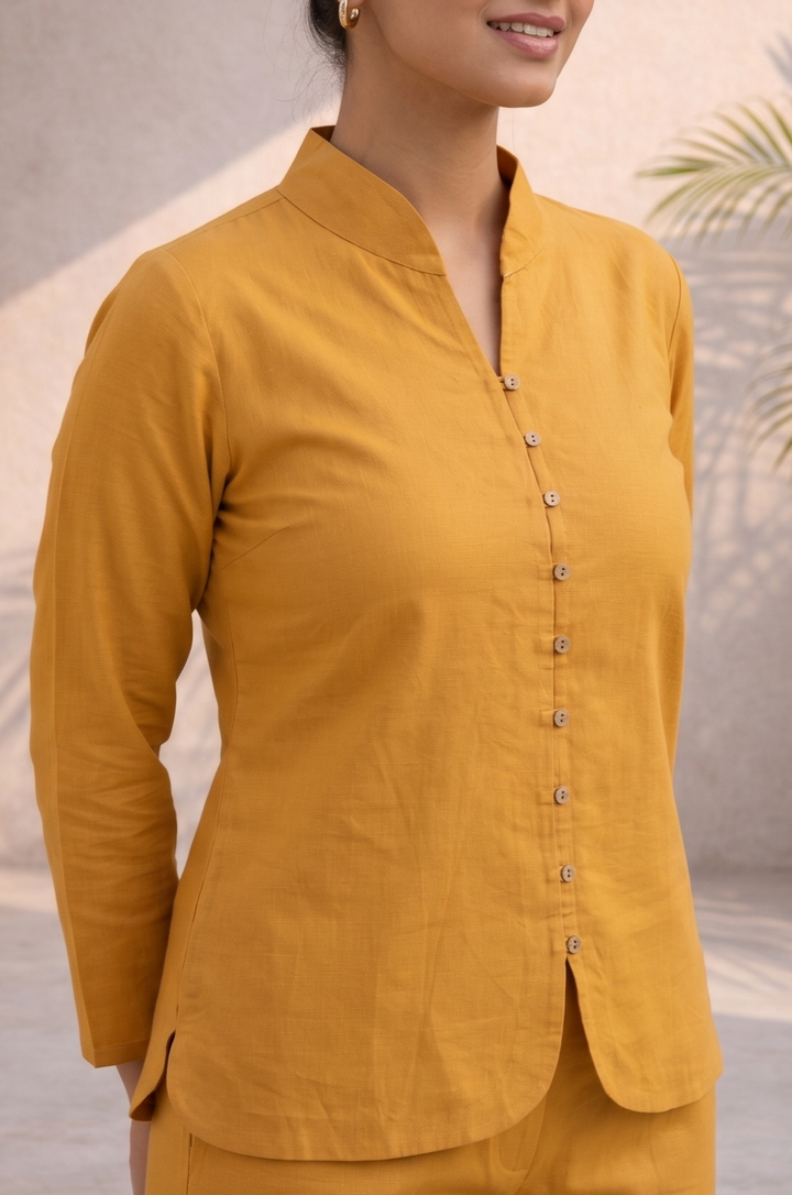 Mustard Yellow Cotton Linen Mandarin Collar Co-ord Set (Workwear)
