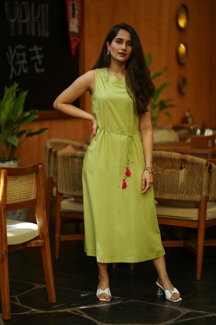 Lime Green EcoVero™ Viscose A-Line Midi Dress