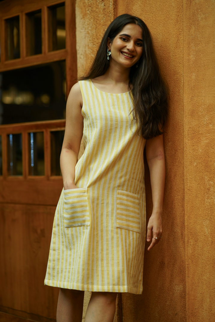 Yellow & Cream Handloom Kala Cotton Striped Dress