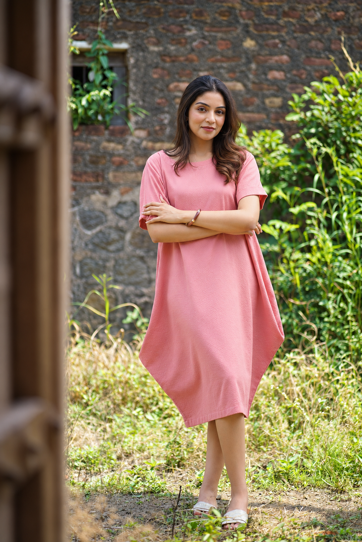 Coral Pink Organic Cotton Seersucker Cocoon Dress