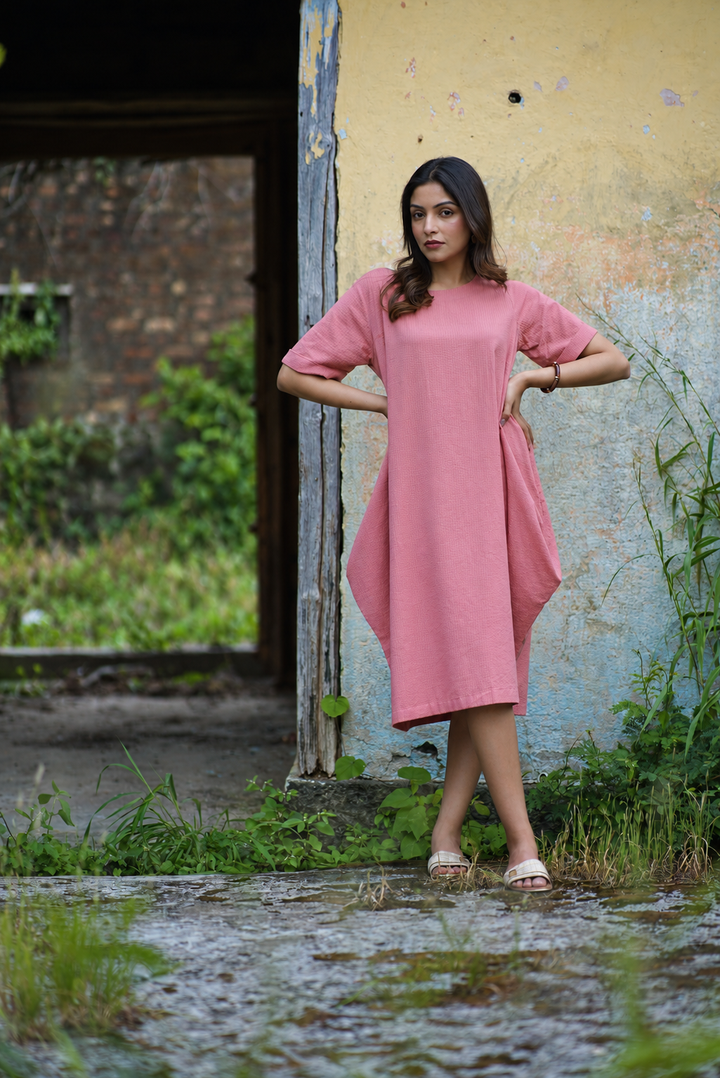 Coral Pink Organic Cotton Seersucker Cocoon Dress