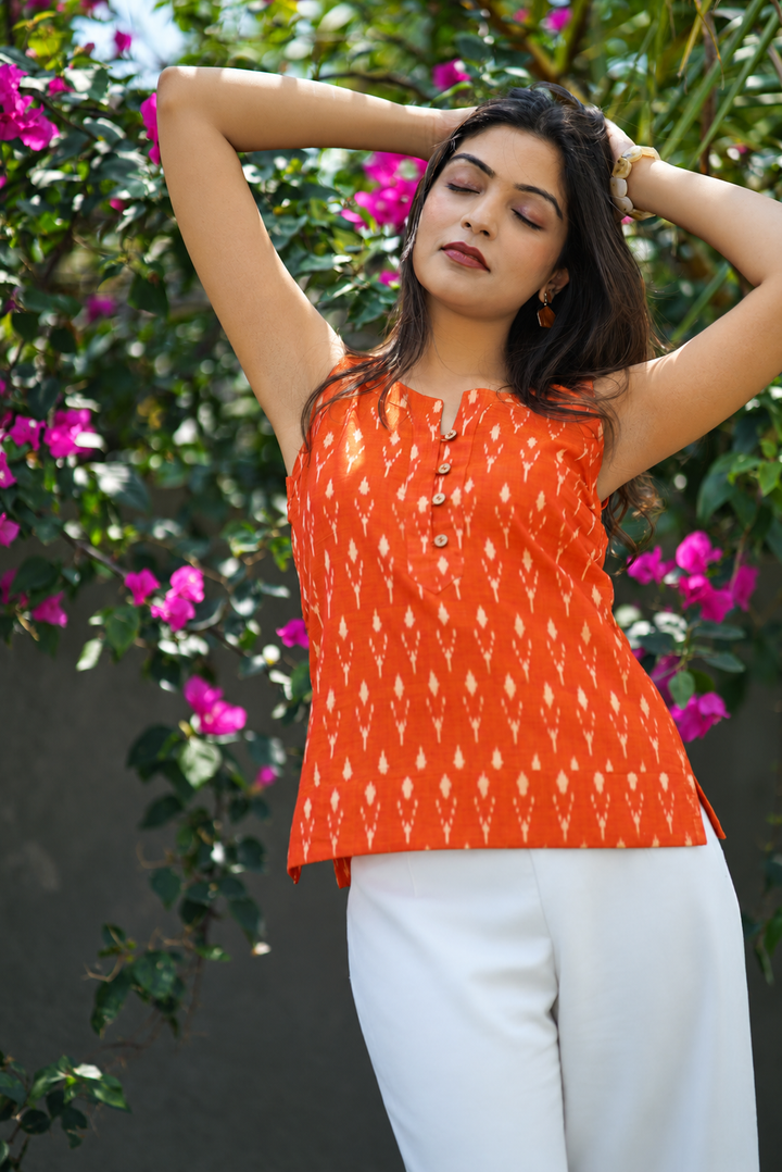 Rust Orange Ikkat Cotton Crop Top