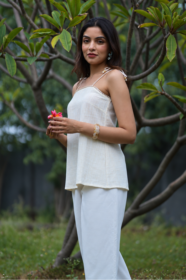 Khadi Butter Yellow Strappy Top with Lace and Wooden Bead Detailing