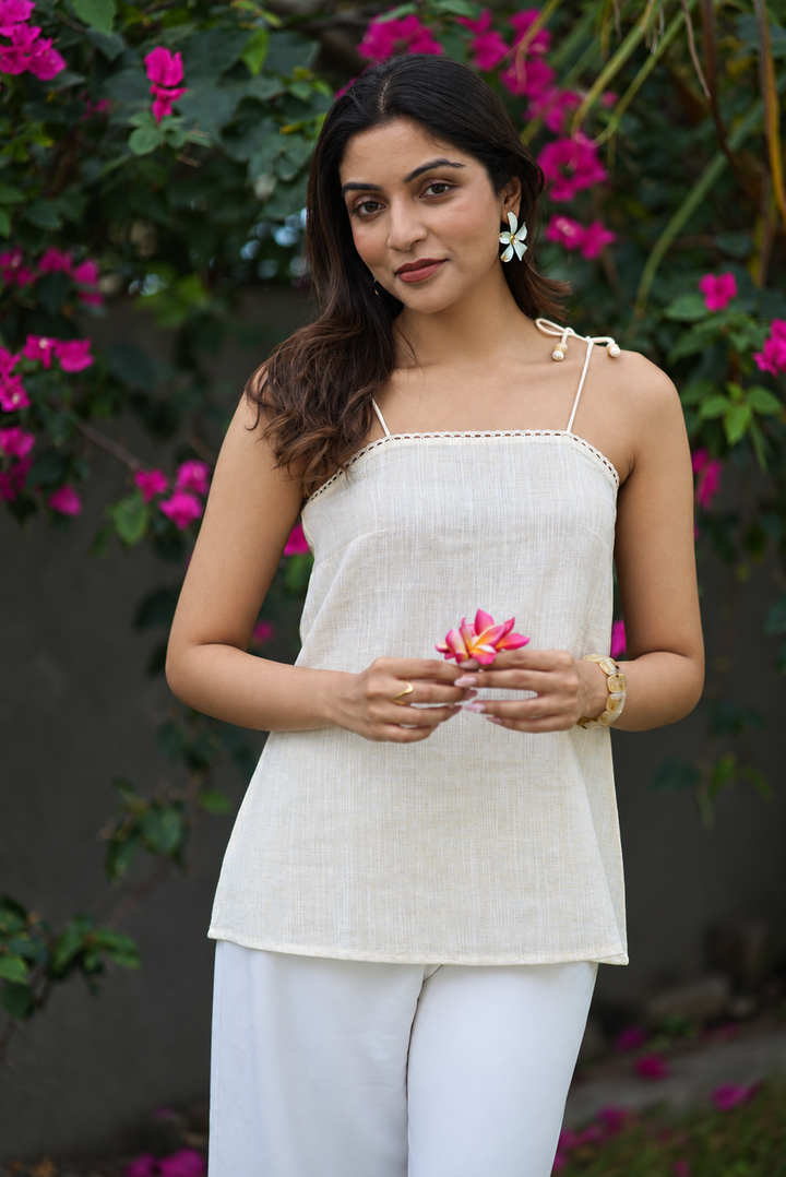 Khadi Butter Yellow Strappy Top with Lace and Wooden Bead Detailing