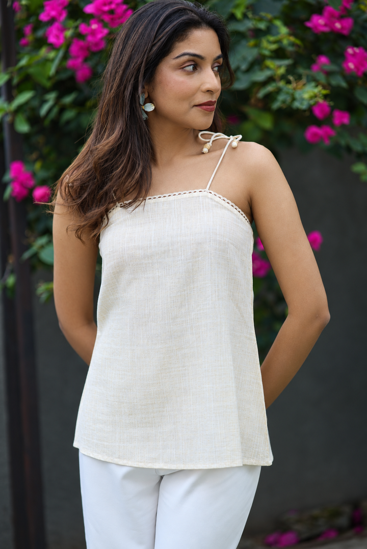 Khadi Butter Yellow Strappy Top with Lace and Wooden Bead Detailing
