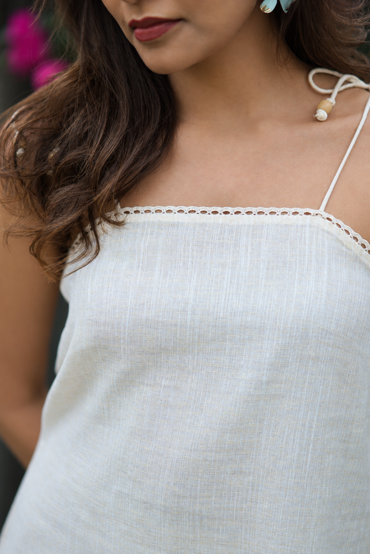 Khadi Butter Yellow Strappy Top with Lace and Wooden Bead Detailing