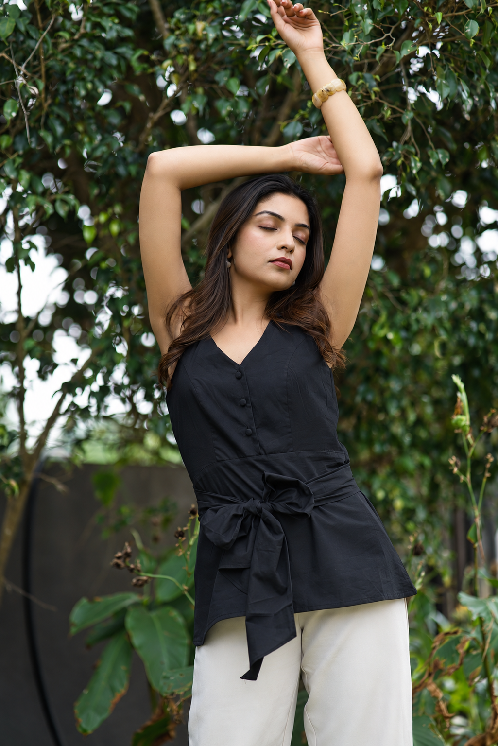 Black Organic Cotton Poplin Halter Neck Belted Top
