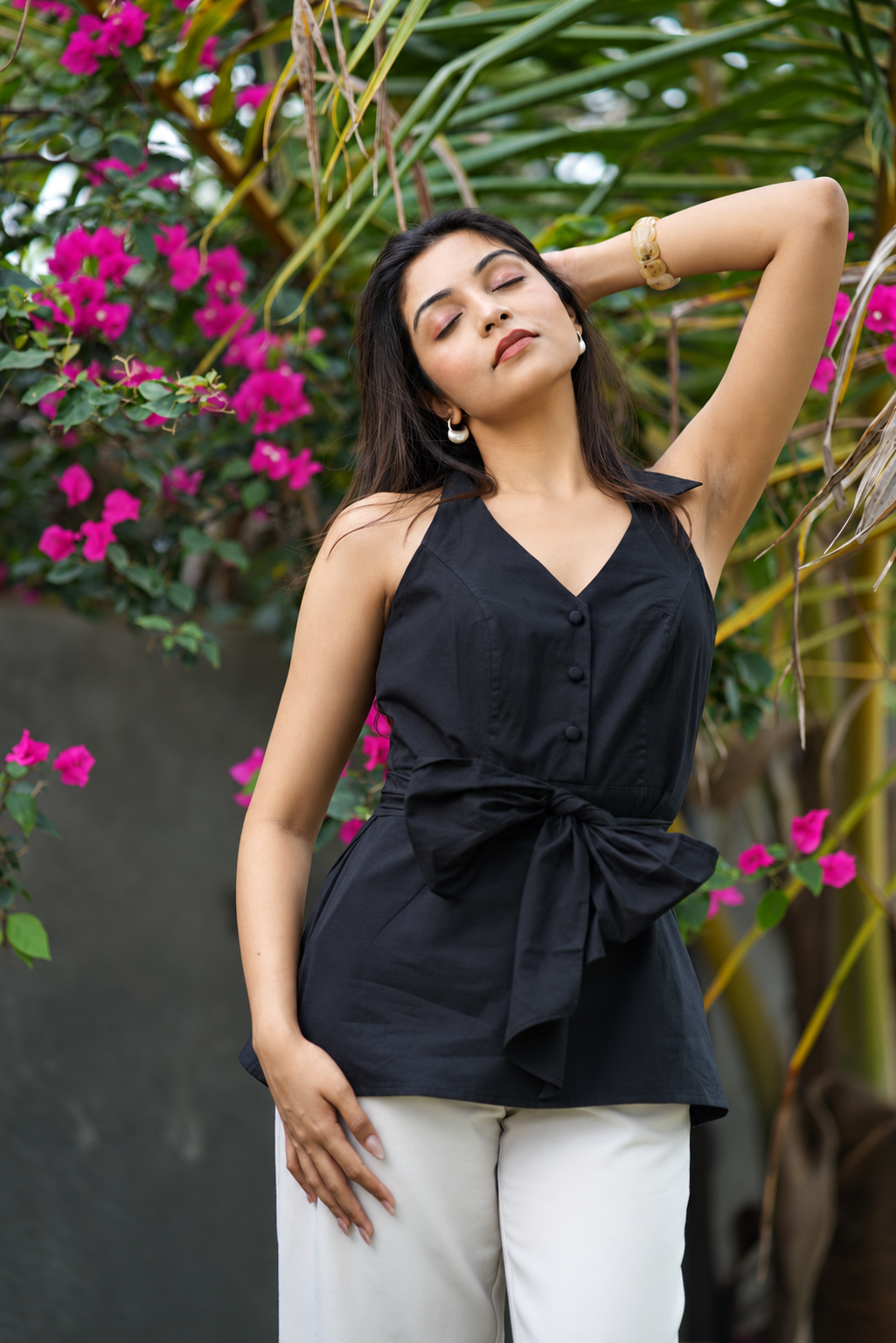 Black Organic Cotton Poplin Halter Neck Belted Top