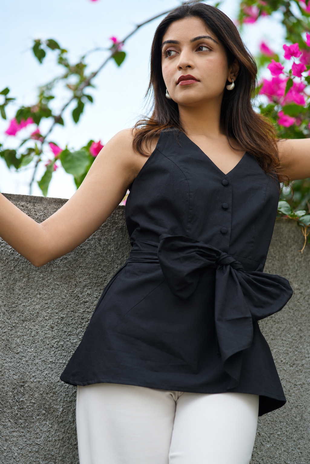 Black Organic Cotton Poplin Halter Neck Belted Top