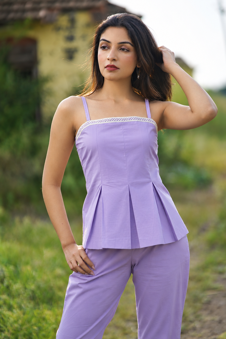 Lilac Organic Cotton Peplum Co-ord Set with Lace Detailing