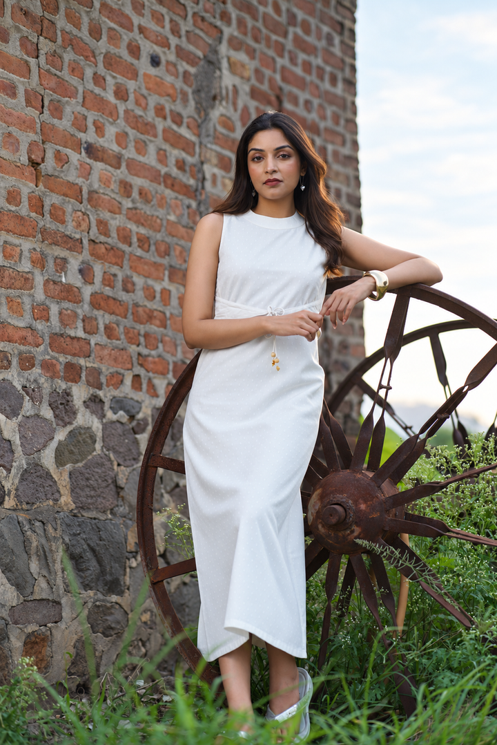 Off White Solid Cotton Midi Dress With Cinched Waist (Everyday Casual)
