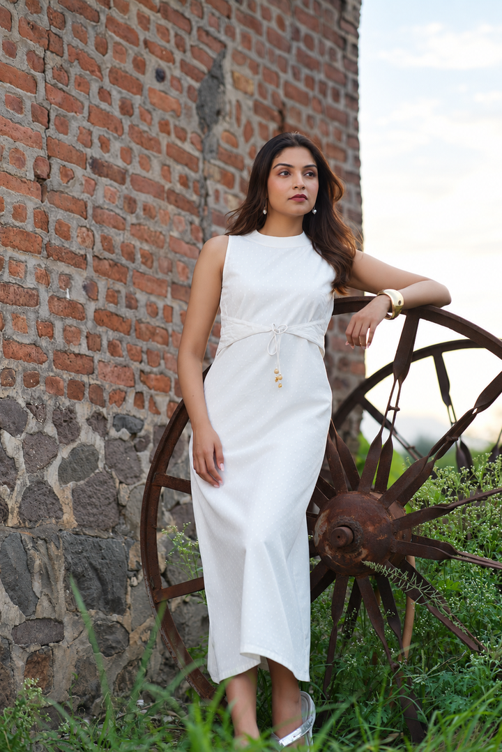 Off White Solid Cotton Midi Dress With Cinched Waist (Everyday Casual)