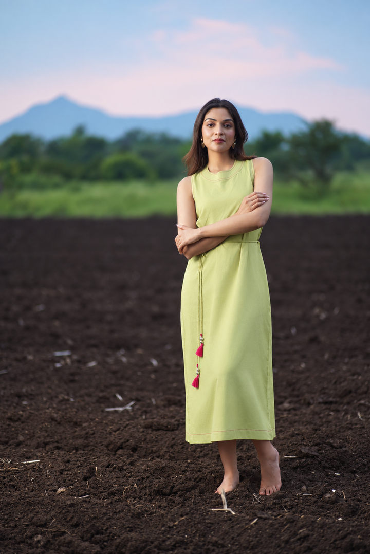 Lime Green EcoVero™ Viscose A-Line Midi Dress