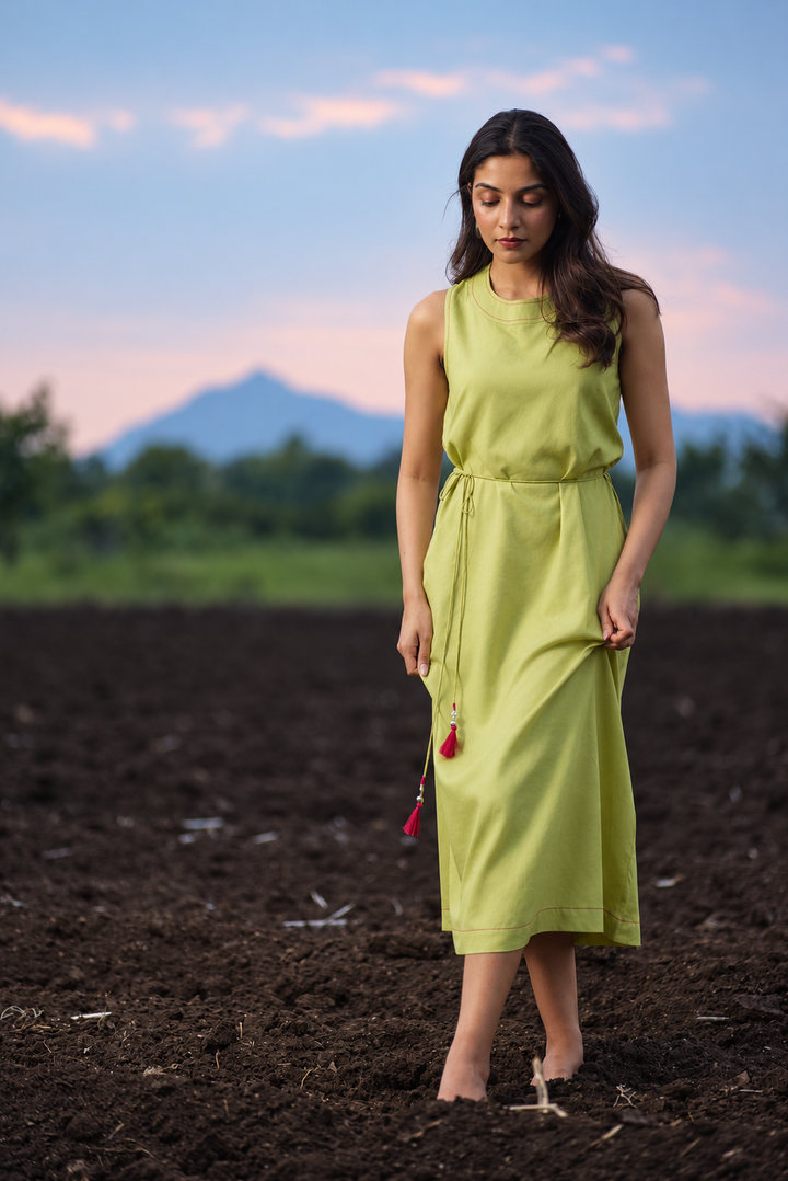 Lime Green EcoVero™ Viscose A-Line Midi Dress