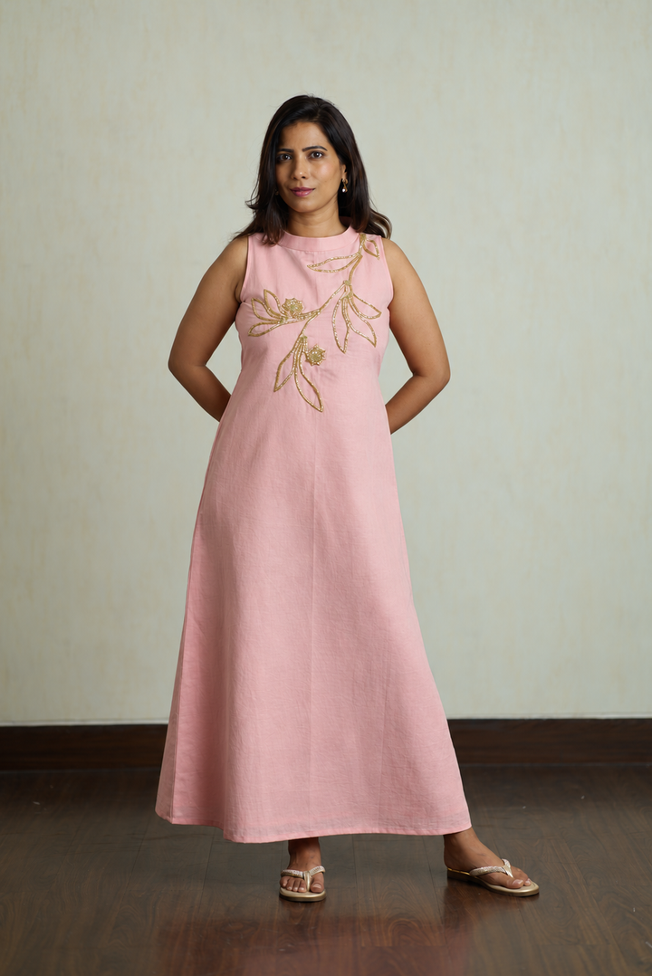 Peach Cotton Linen A-Line Maxi Dress with Gold Floral Embroidery
