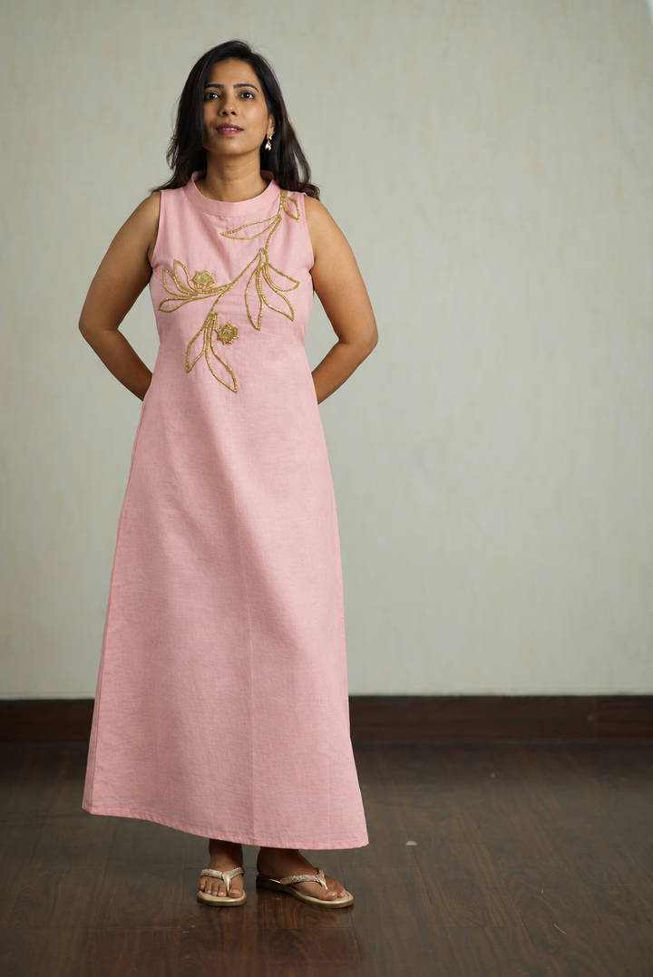 Peach Cotton Linen A-Line Maxi Dress with Gold Floral Embroidery