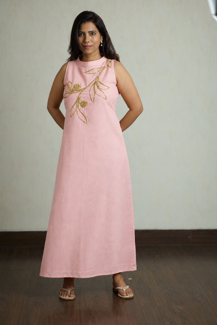 Peach Cotton Linen A-Line Maxi Dress with Gold Floral Embroidery