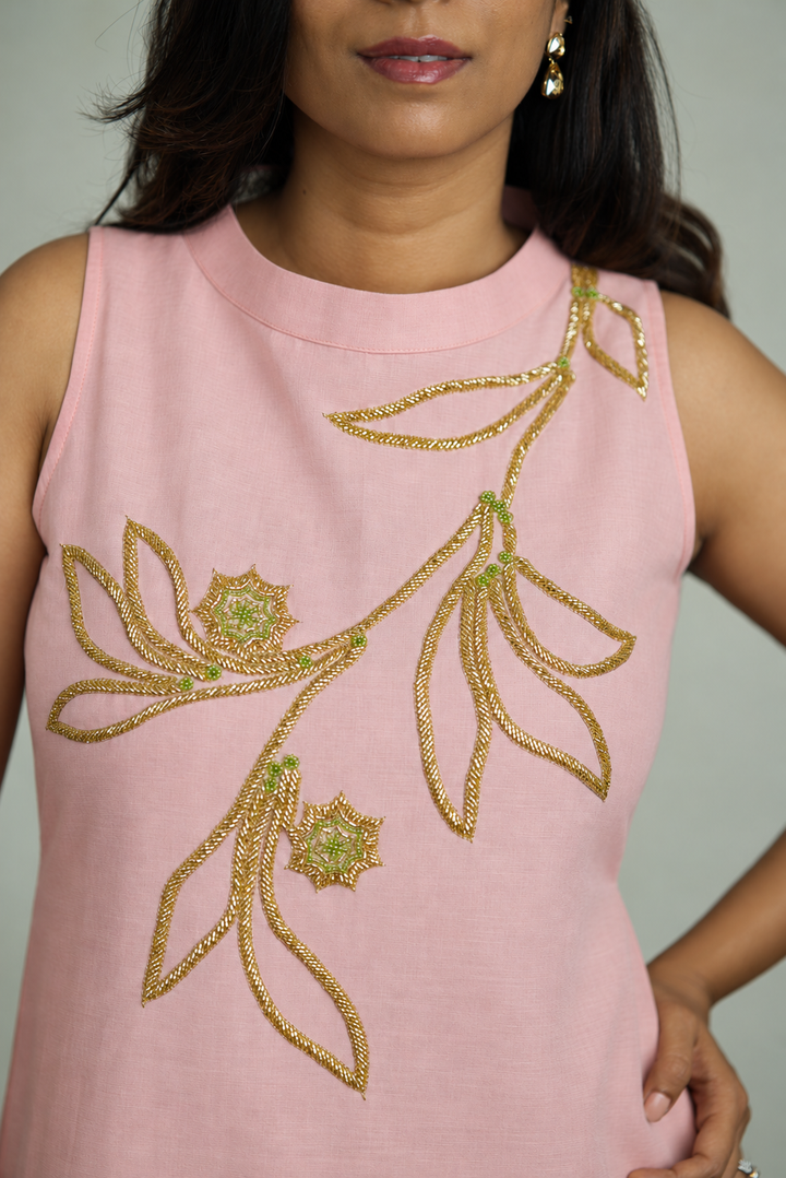Peach Cotton Linen A-Line Maxi Dress with Gold Floral Embroidery