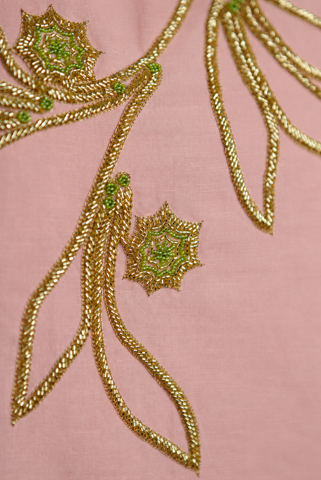 Peach Cotton Linen A-Line Maxi Dress with Gold Floral Embroidery