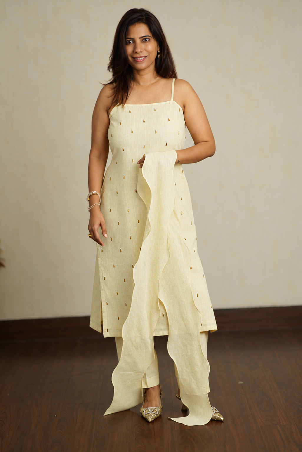 Cream & Yellow Khadi Linen Co-ord Set with Stole