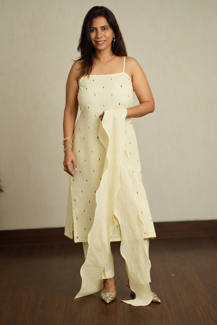 Cream & Yellow Khadi Linen Co-ord Set with Stole