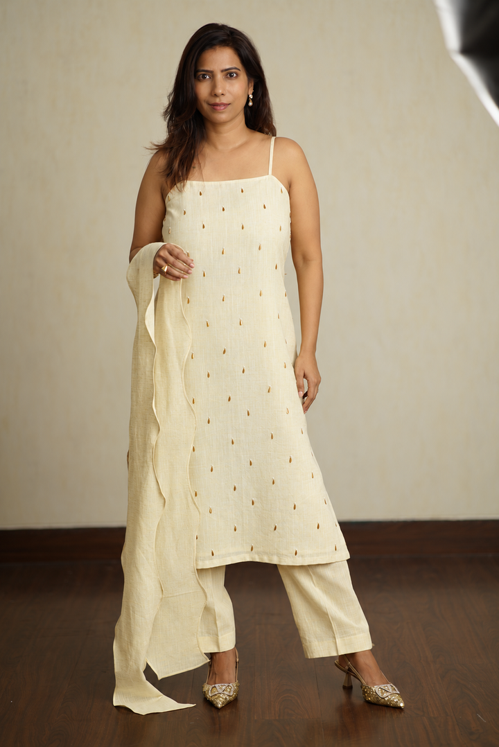 Cream & Yellow Khadi Linen Co-ord Set with Stole