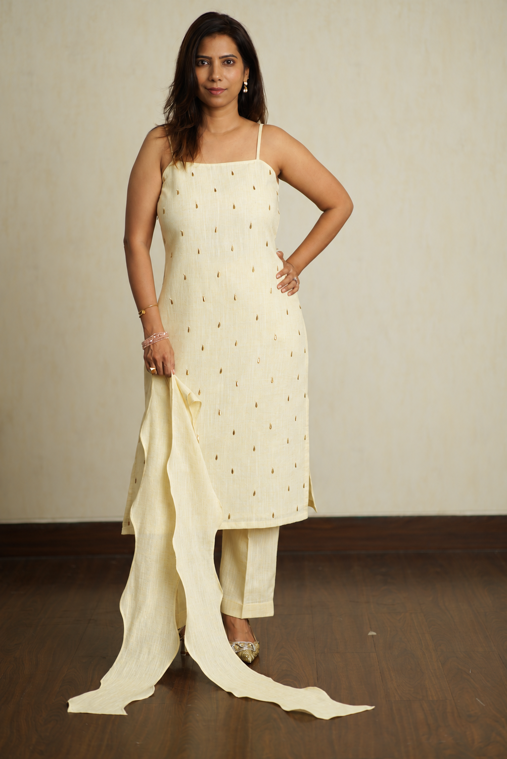 Cream & Yellow Khadi Linen Co-ord Set with Stole