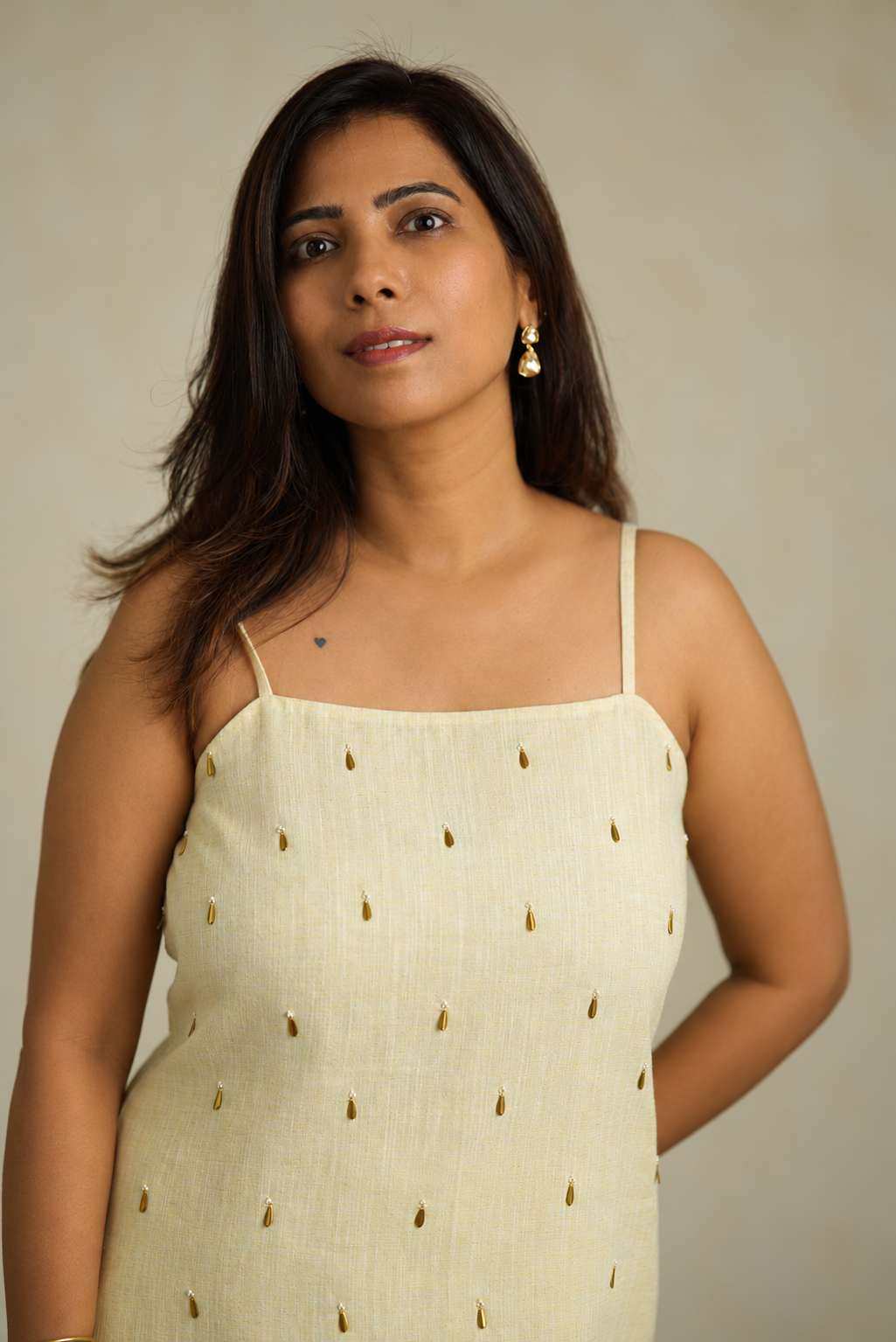 Cream & Yellow Khadi Linen Co-ord Set with Stole