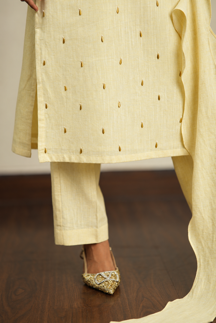 Cream & Yellow Khadi Linen Co-ord Set with Stole