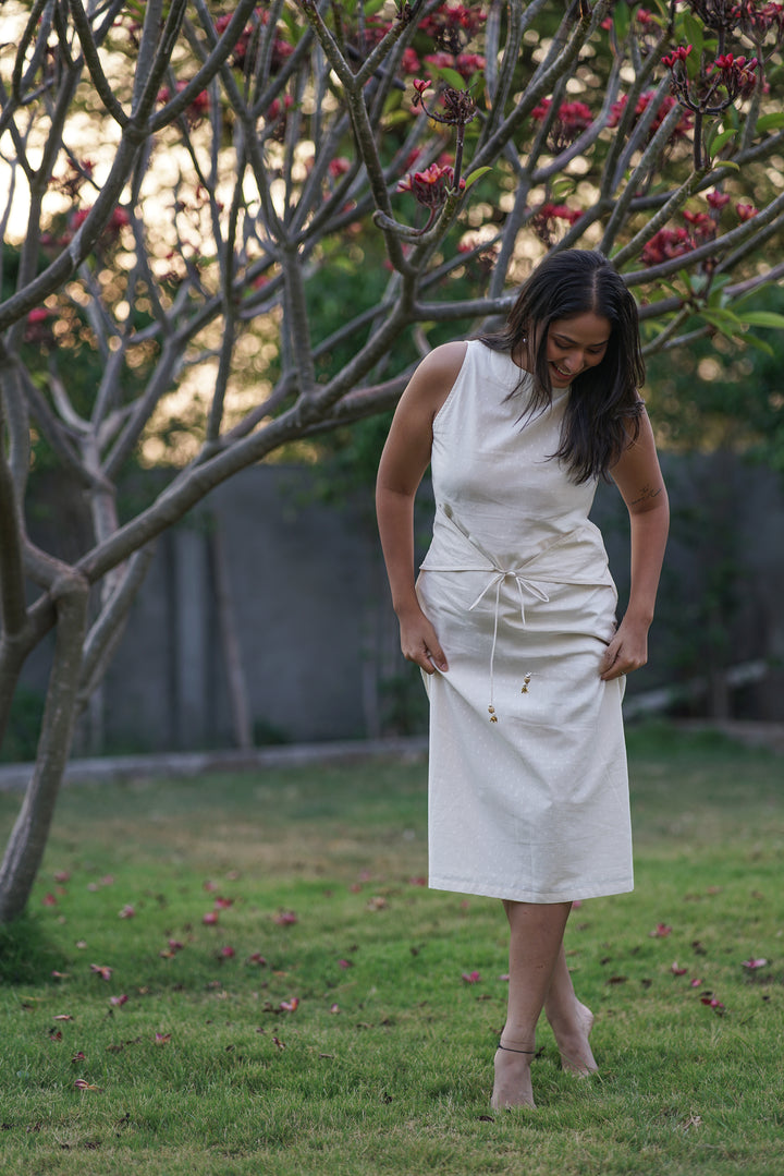 Alba Cord Dress | Drawstring Detail in Cotton Dobby