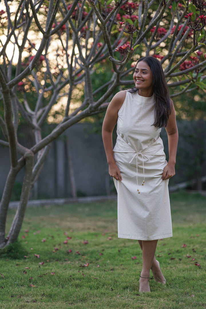 Alba Cord Dress | Drawstring Detail in Cotton Dobby