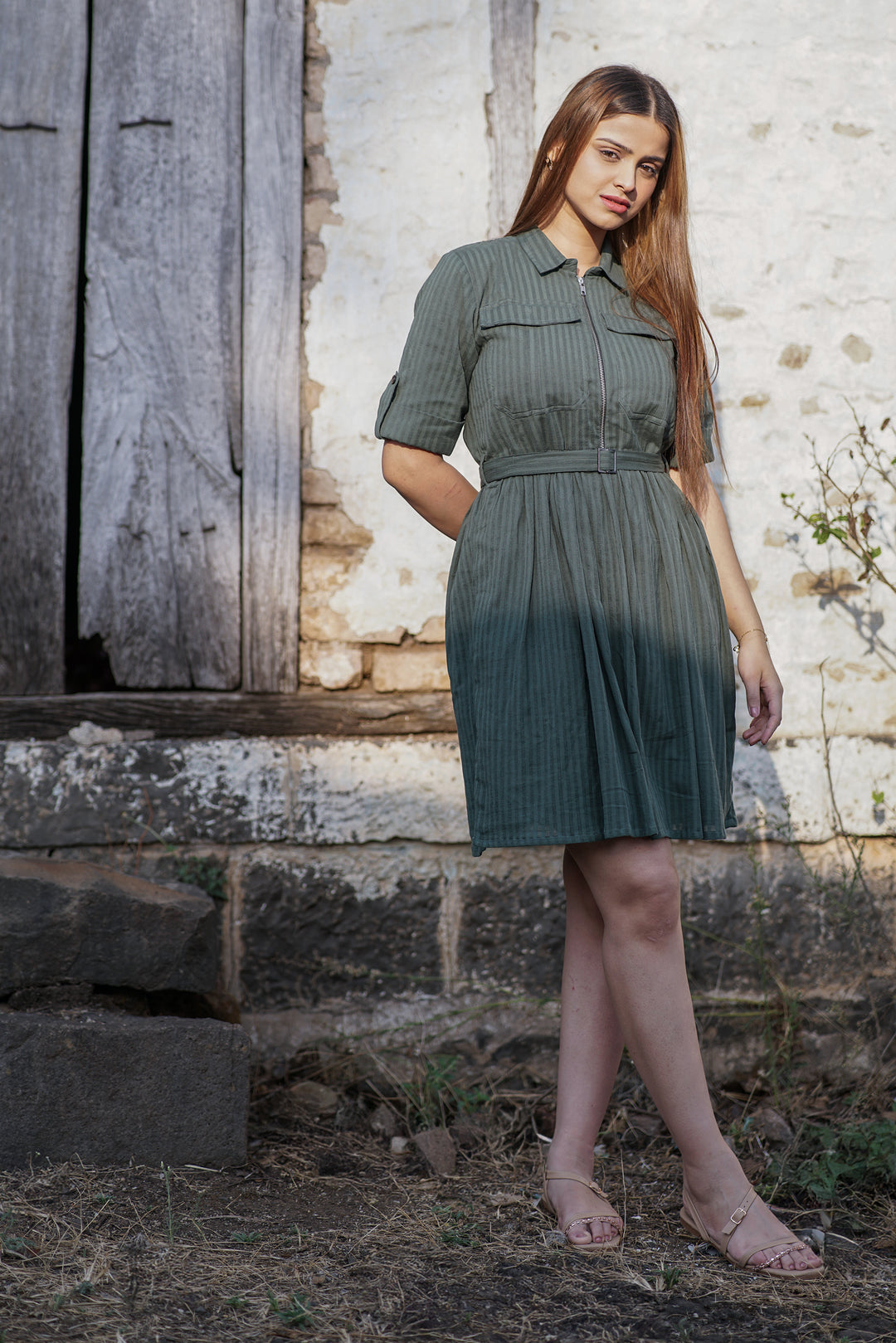 Viridia Belted Dress | Gathered Shirt Dress in Crinkled Cotton