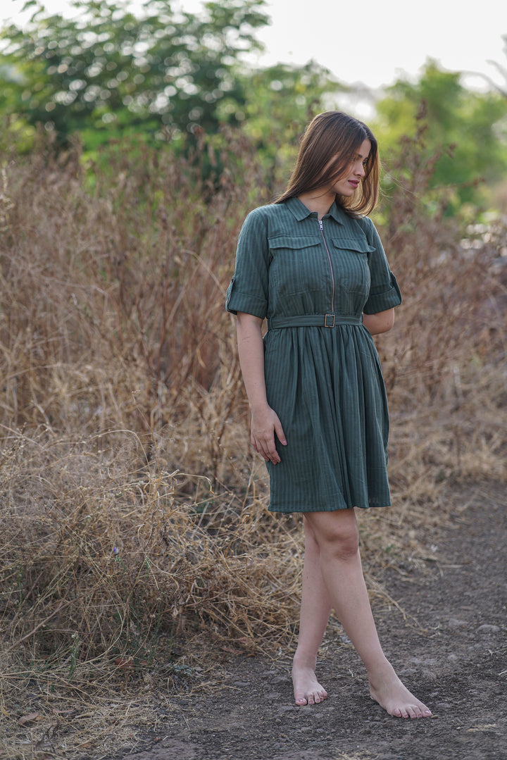 Viridia Belted Dress | Gathered Shirt Dress in Crinkled Cotton