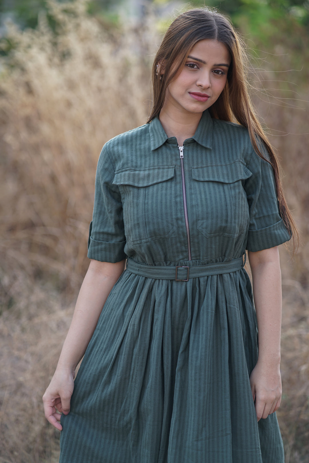 Viridia Belted Dress | Gathered Shirt Dress in Crinkled Cotton