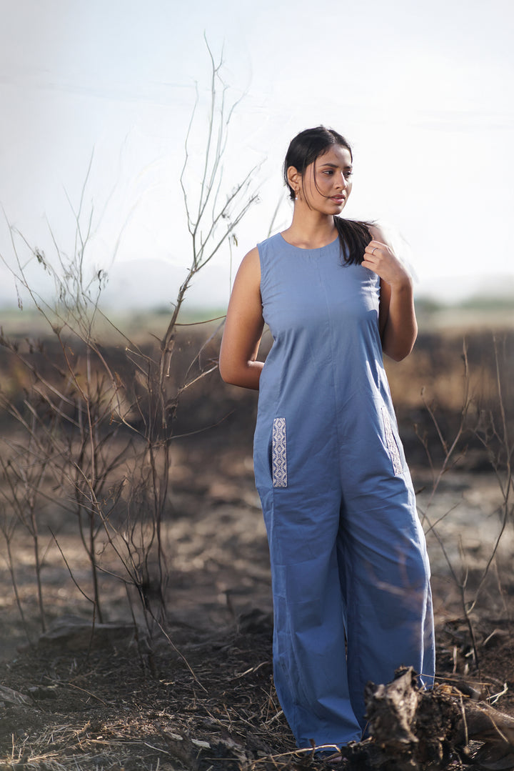 Caesia Embroidered Jumpsuit | Flared Cut in Organic Cotton
