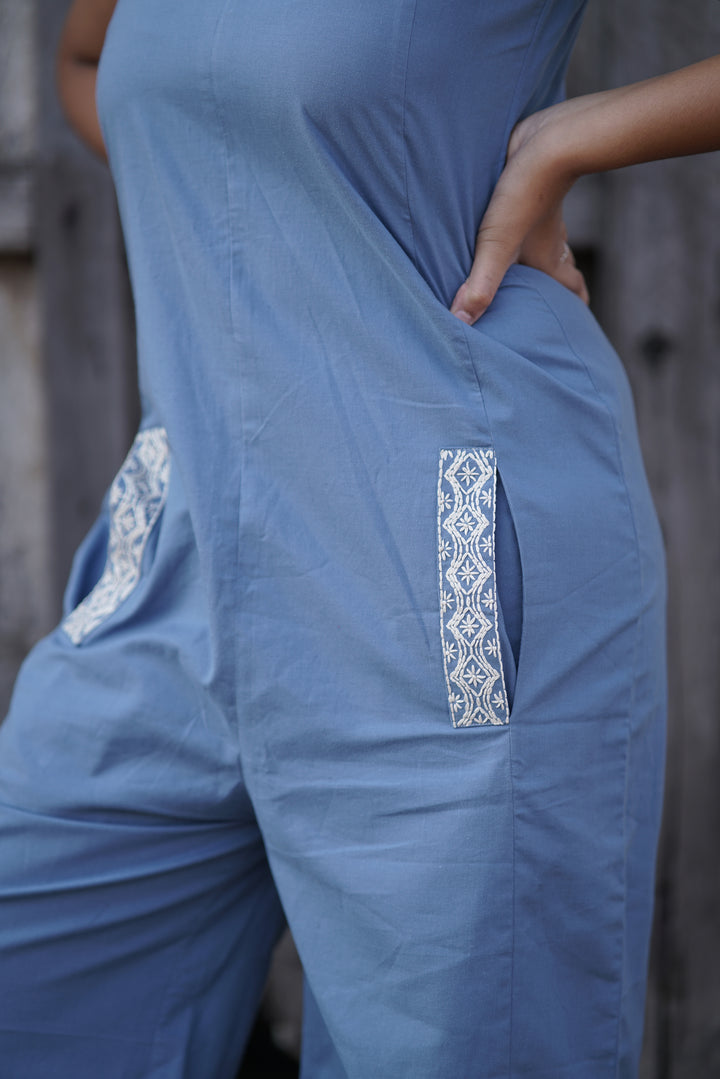 Caesia Embroidered Jumpsuit | Flared Cut in Organic Cotton