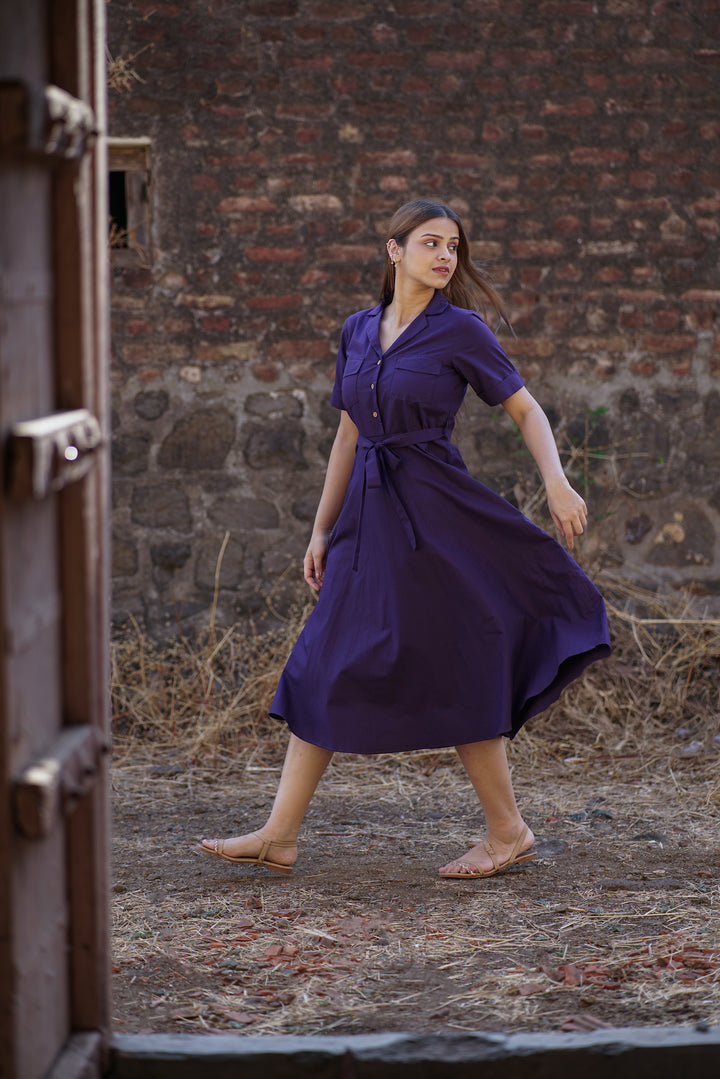 Purpurea Belted Dress | Flared Shirt Dress in Organic Cotton