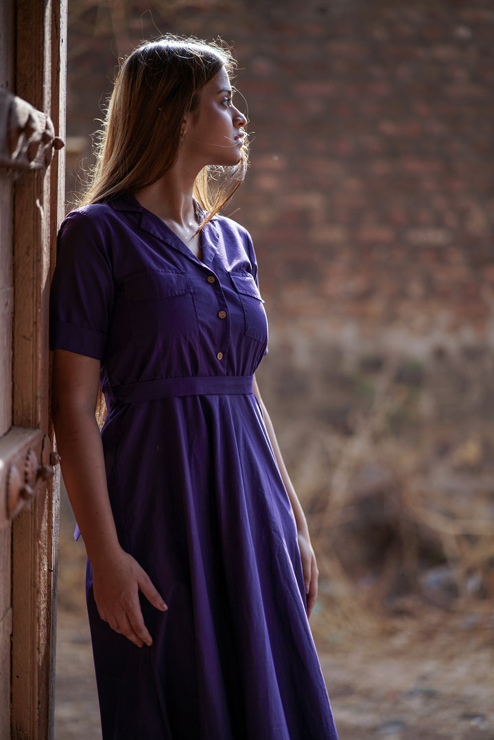 Purpurea Belted Dress | Flared Shirt Dress in Organic Cotton
