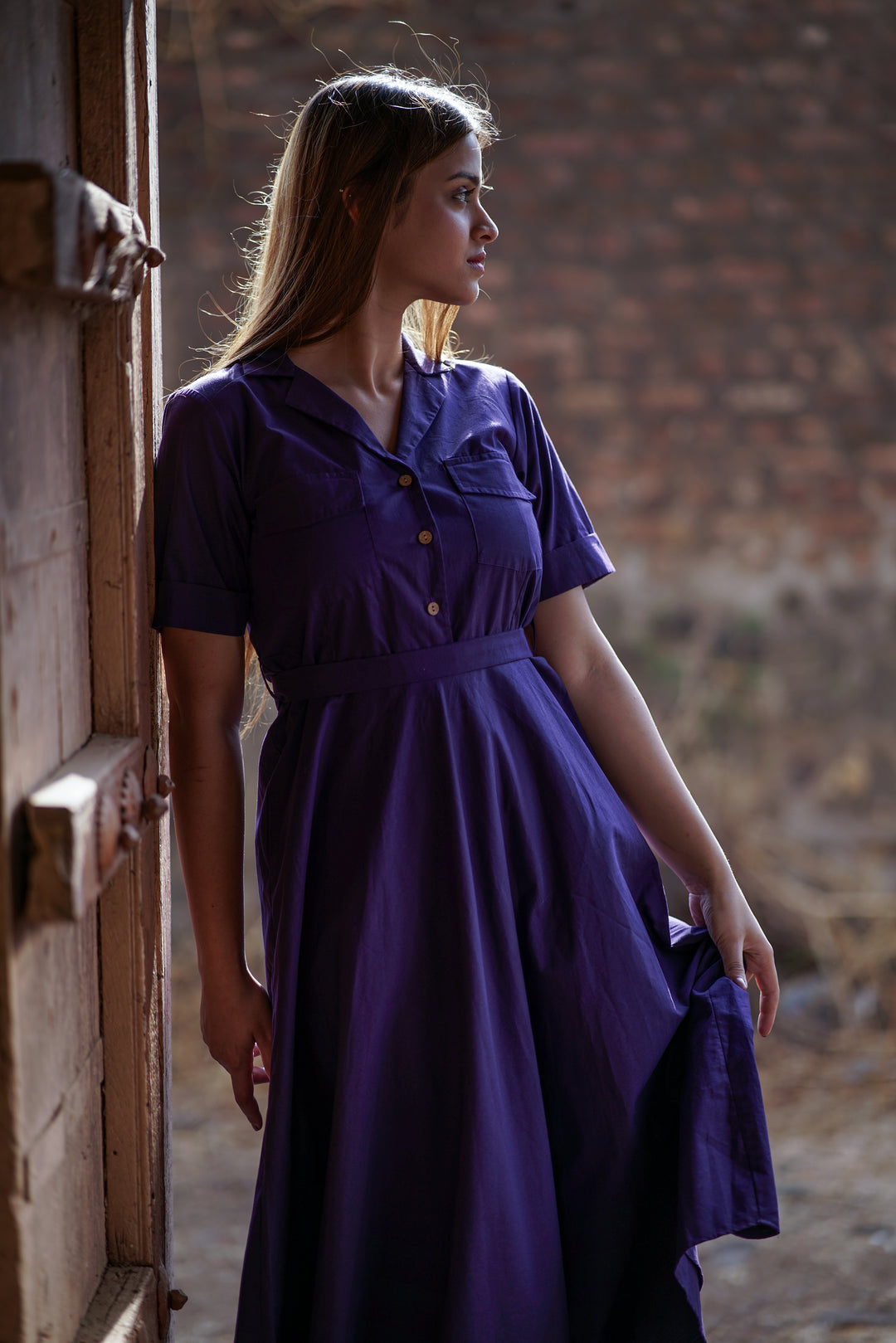Purpurea Belted Dress | Flared Shirt Dress in Organic Cotton
