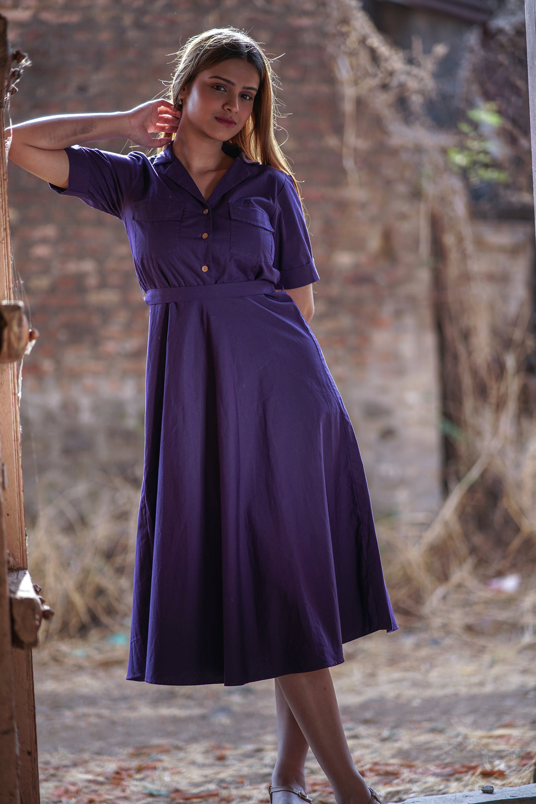 Purpurea Belted Dress | Flared Shirt Dress in Organic Cotton