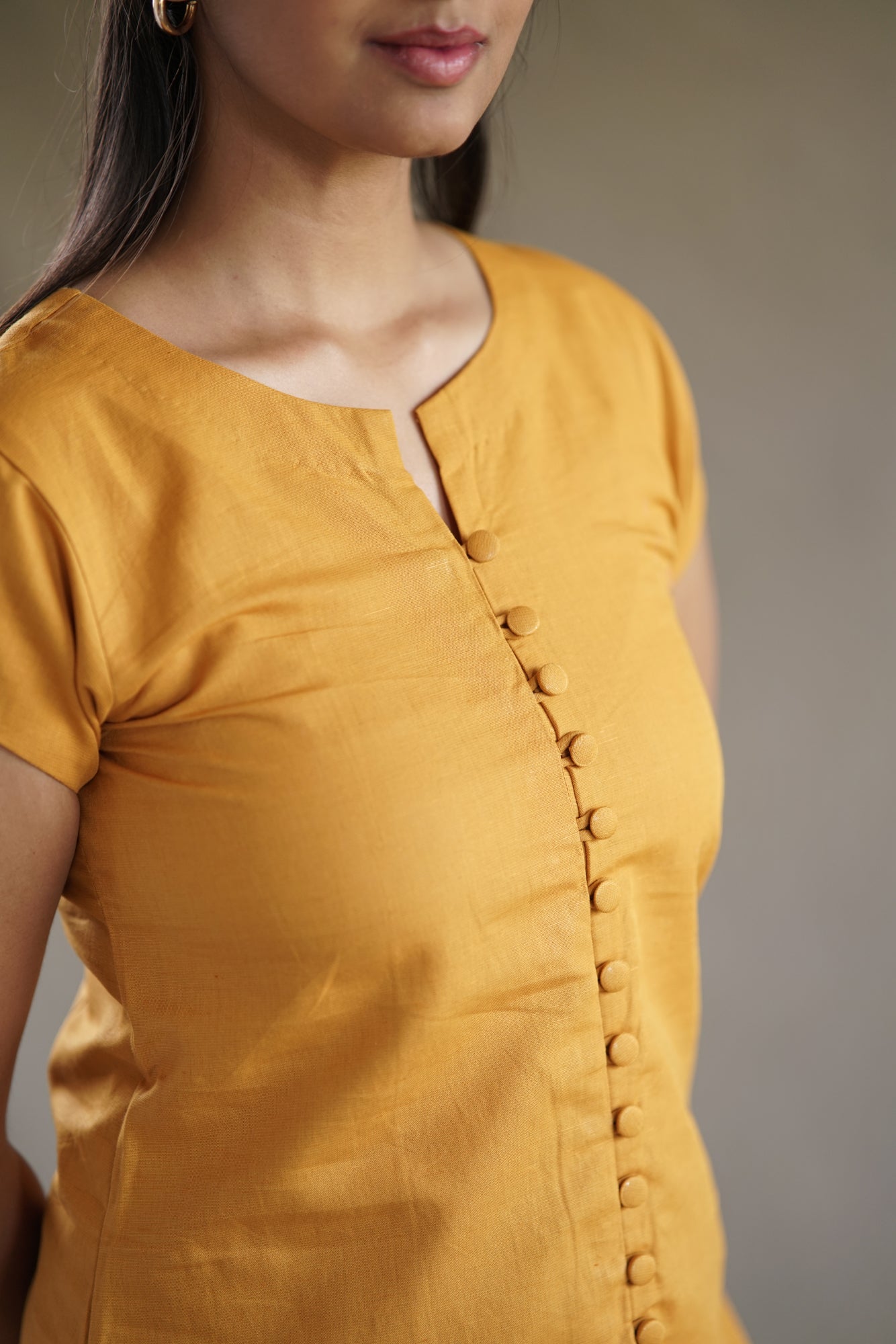 Golden Linen Button Dress