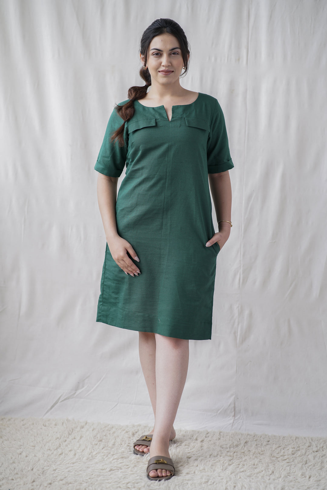 Verde Shift Dress | Cotton Linen with Front Pockets