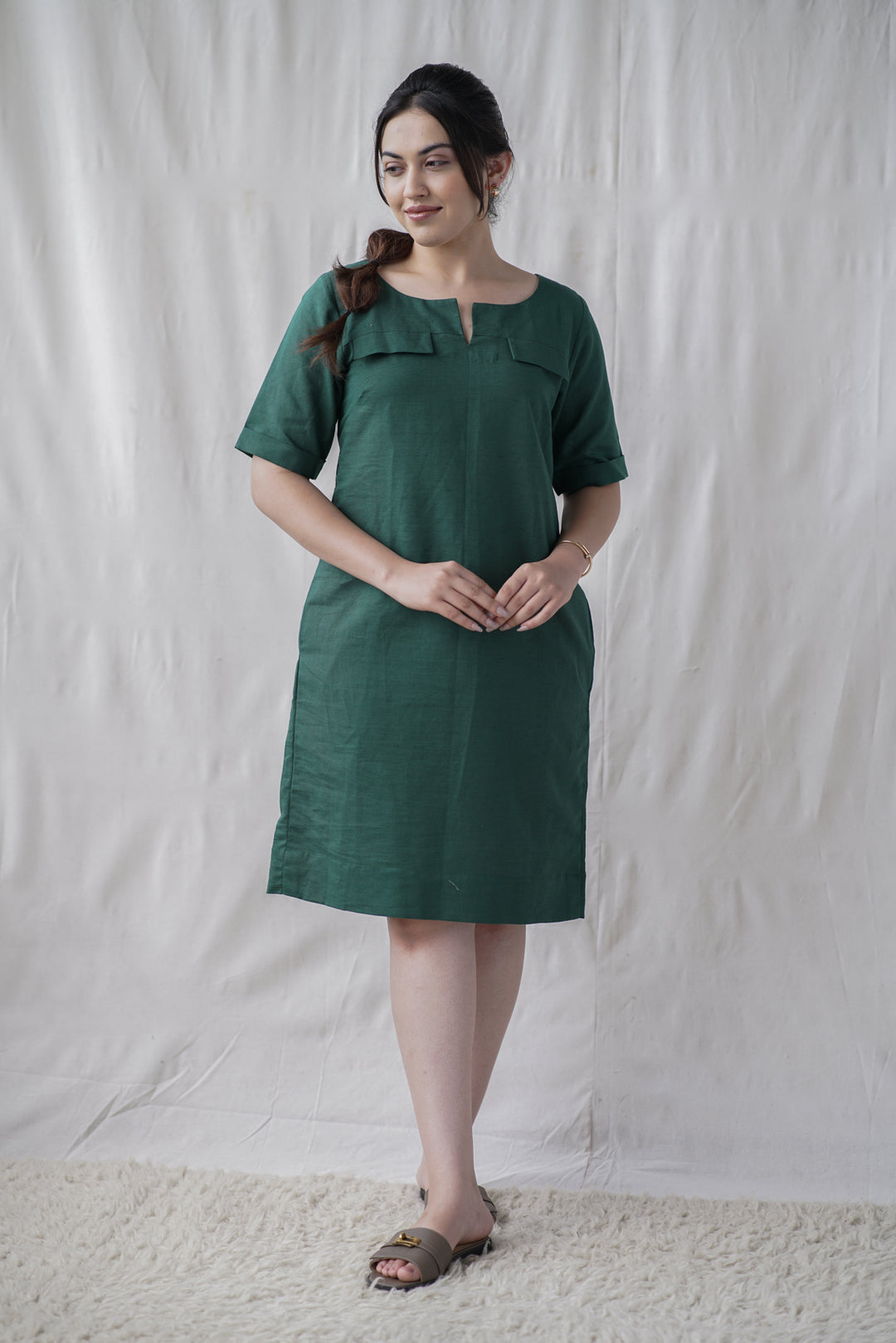 Verde Shift Dress | Cotton Linen with Front Pockets