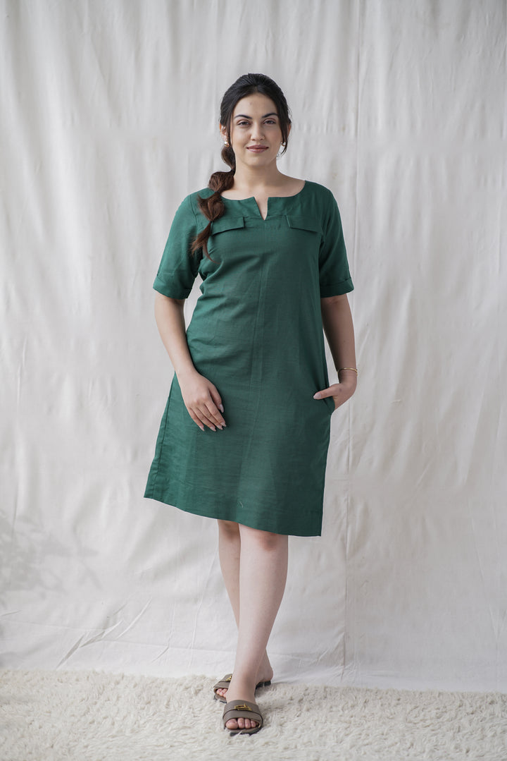 Verde Shift Dress | Cotton Linen with Front Pockets