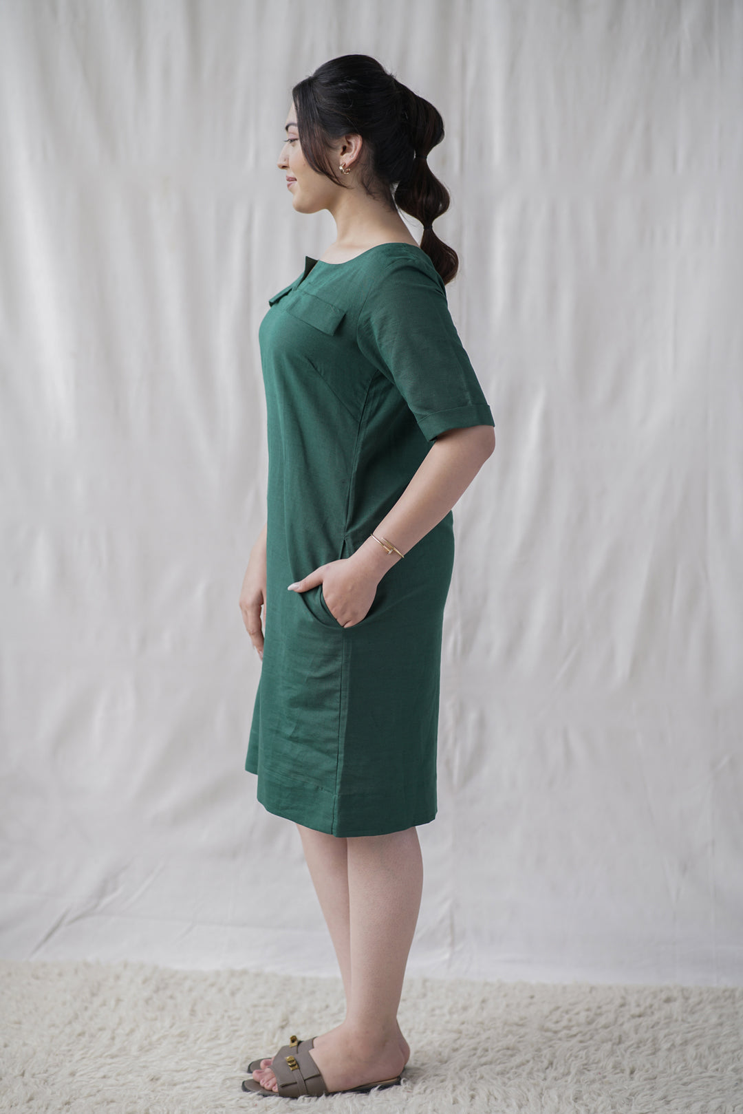 Verde Shift Dress | Cotton Linen with Front Pockets