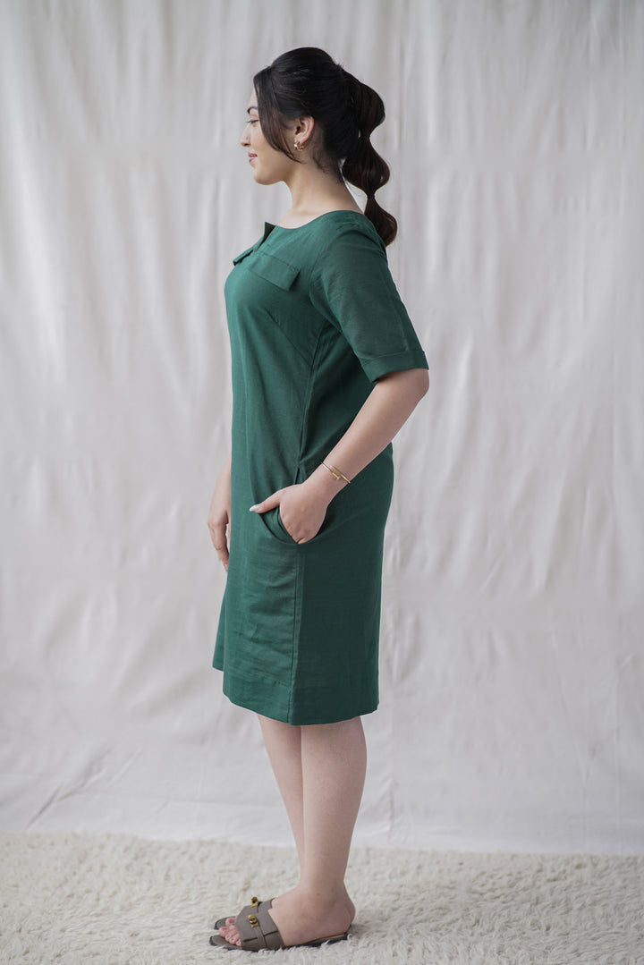 Verde Shift Dress | Cotton Linen with Front Pockets