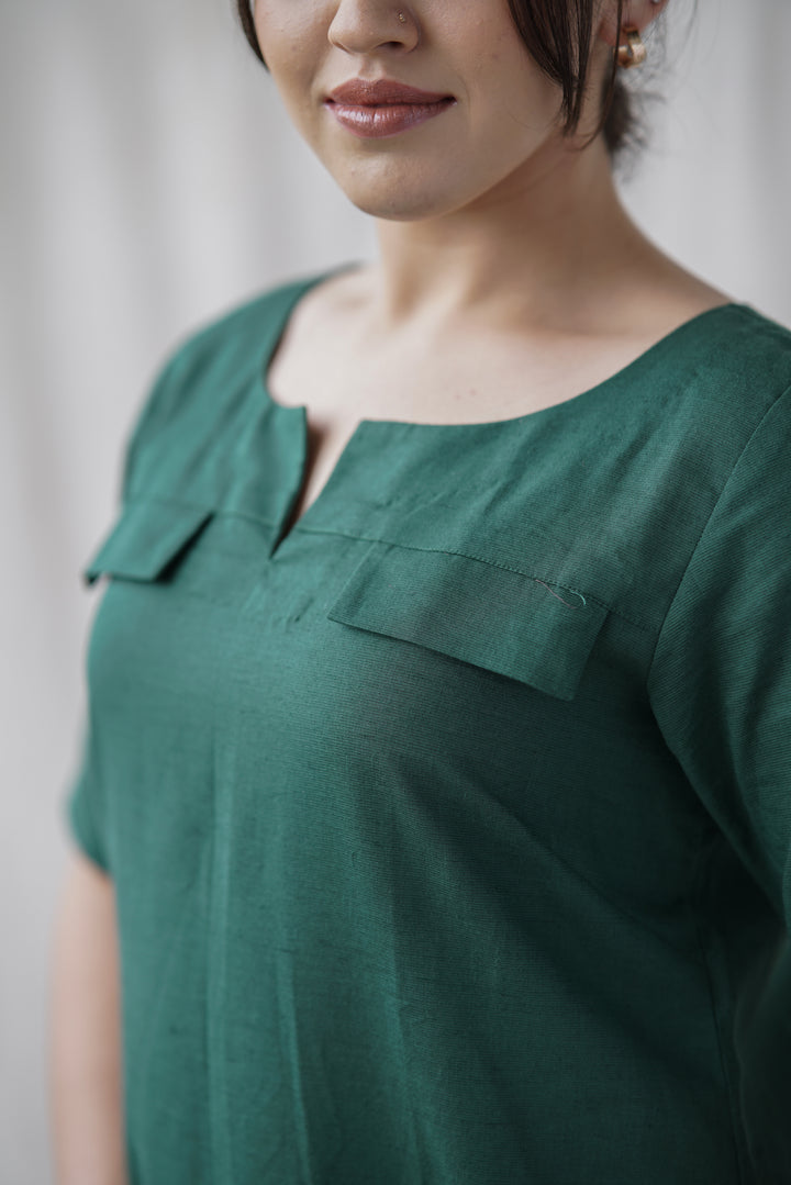 Verde Shift Dress | Cotton Linen with Front Pockets