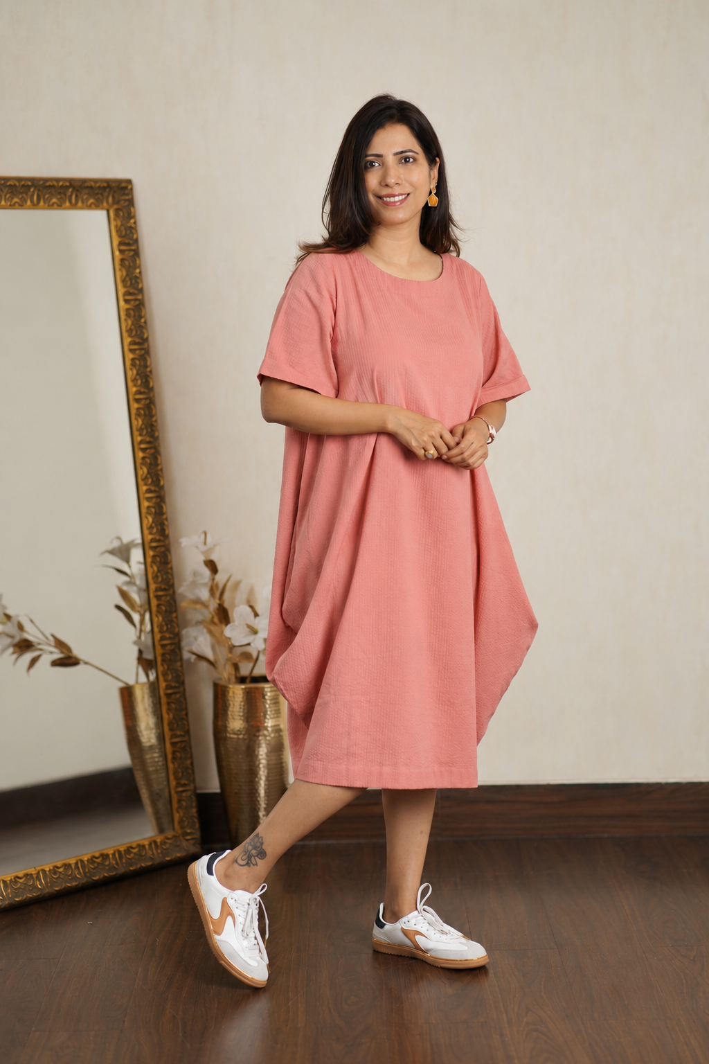 Coral Pink Organic Cotton Seersucker Cocoon Dress