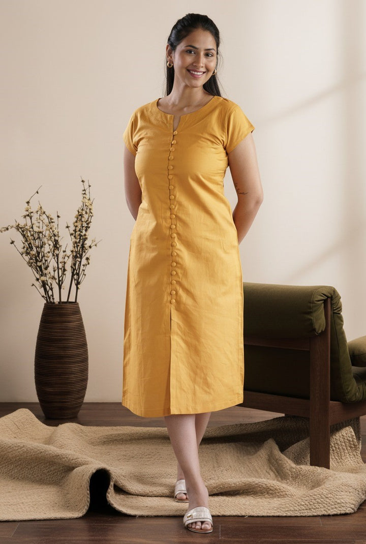 Golden Linen Button Dress